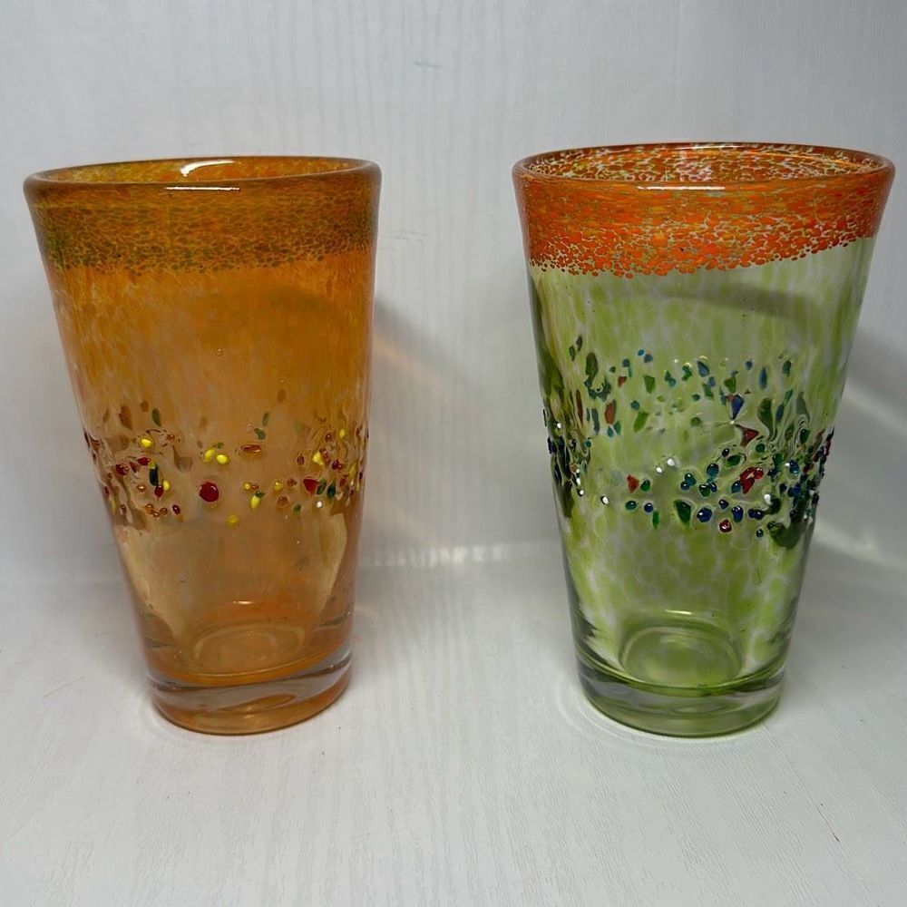 Tinted Green Glass with Textured Specks of Paint and Orange Rim Unique‎ Art Deco